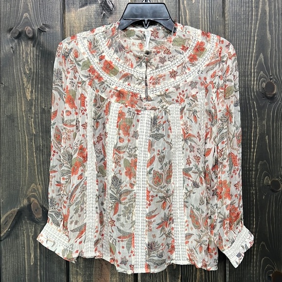 Anthropologie Feather Bone Floral Blouse 0 Sheer Lace Detail Button Top Boho - Picture 1 of 7